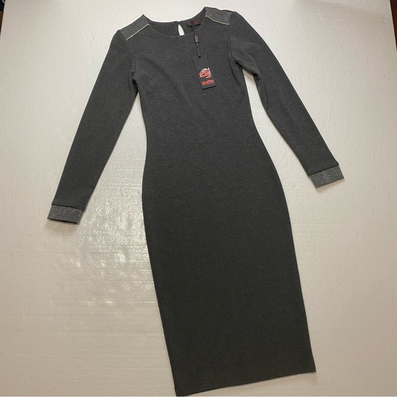 CU & MU Gray Bodycon Midi Dress Silver Details European Size 36 US 6 NWT Holiday - Picture 1 of 5